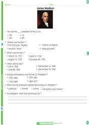 U.S. President James Madison worksheet for students.PDF Printable test