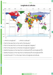 Longitudes and latitudes worksheet for kids. Learn to locate places on a world map using geographic coordinates.